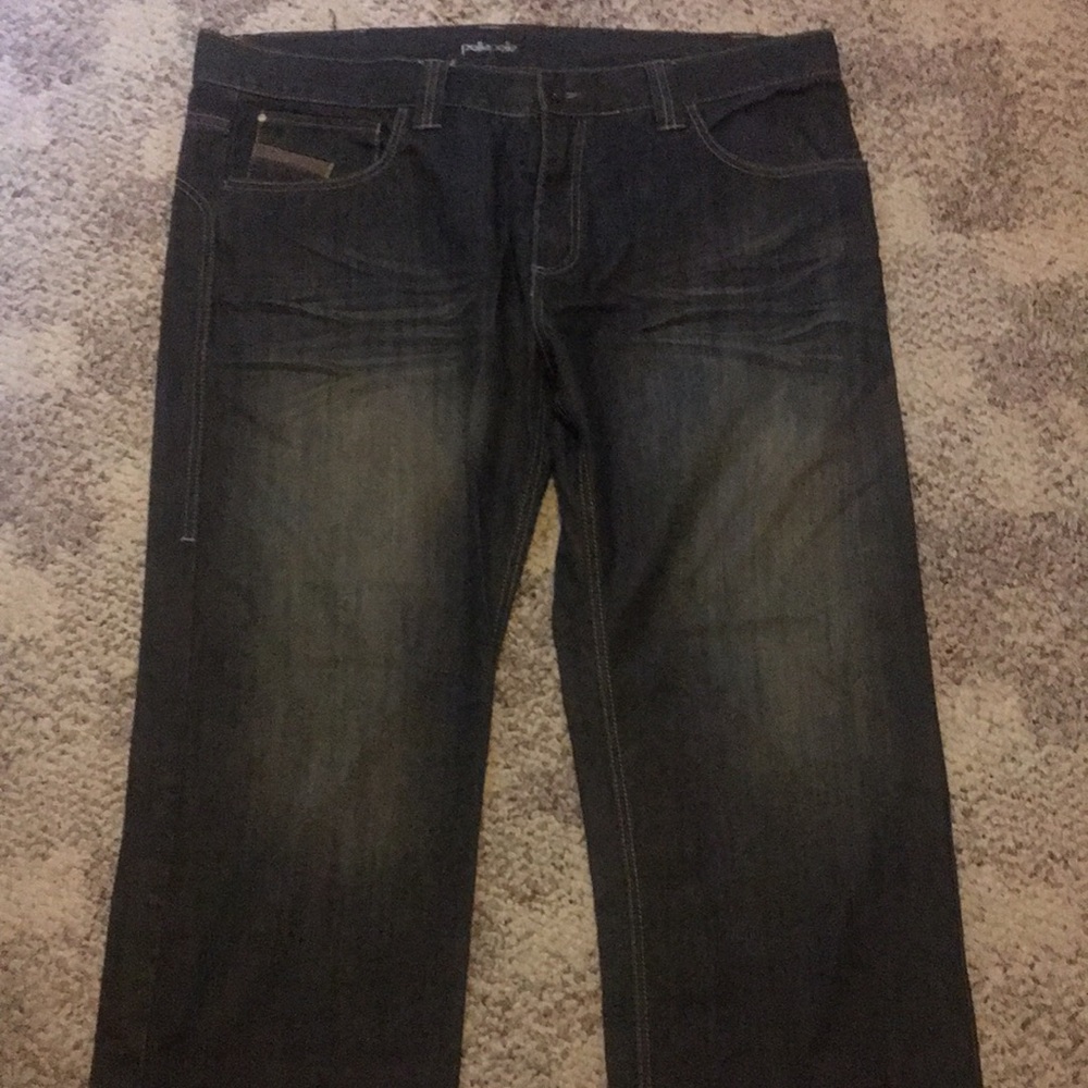 Size W44 L34 black jeans with a cream seam